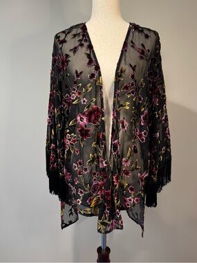 Ivy Jane S/M Black Floral Burnout Velvet Sheer Kimono Fringe Whimsigoth Boho